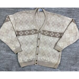 Duplex Mens Retro 90s Cardigan Large Beige Grandpa Sweater Knit Long Sleeve